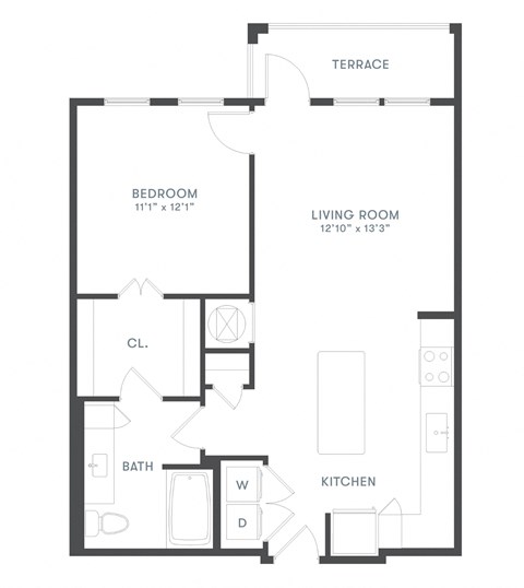 Floor plan for 1 bed, 1 bath, 729 sqft